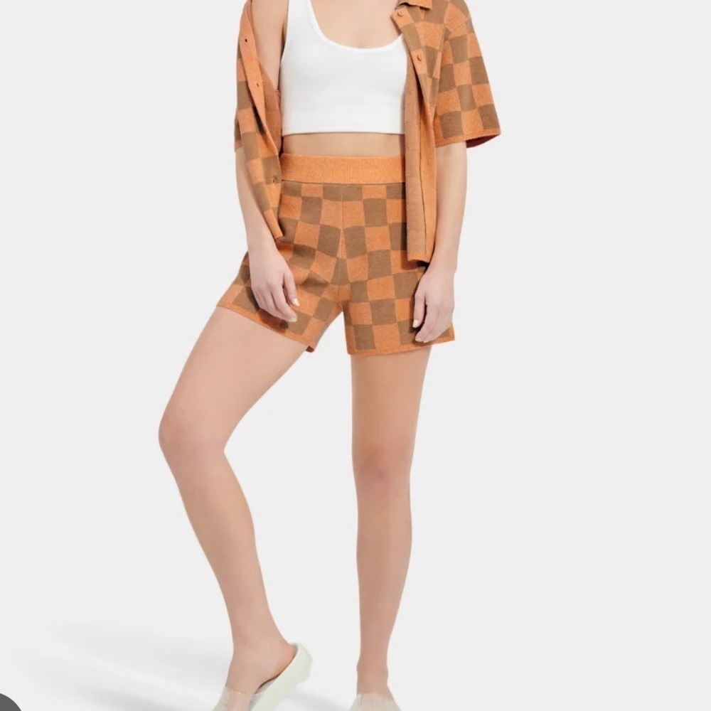 NWT UGG Women’s Maliah Sweater Shorts Hemp Blend Orange Brown Checked Sz S
